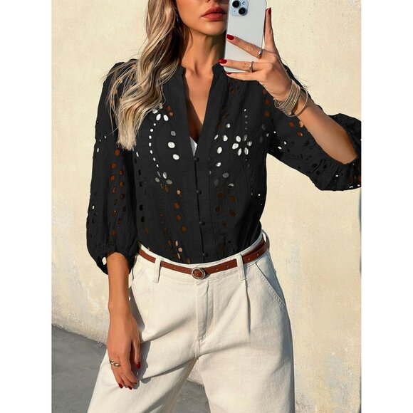 Womens Cotton Deep V Neck Eyelet Blouse 3/4 Balloon Sleeve Casual Elegant - Picture 2 of 8